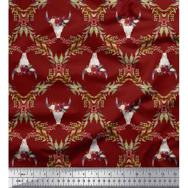 Soimoi Red Poly Georgette Fabric Floral & Cow Skull Head Damask Print Fabric by Yard 52 Inch Wide