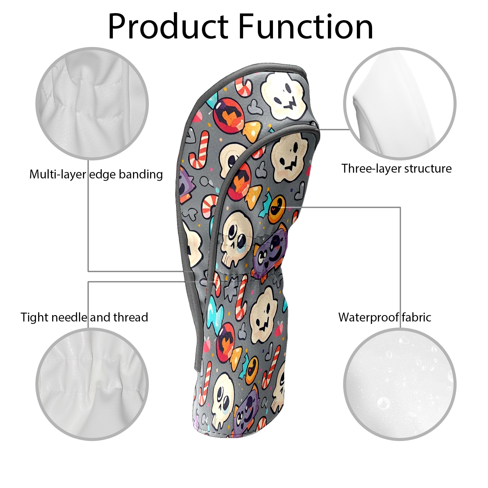 Golf Club Covers, Gray SkullCandy Premium PU Leather Driver Hybrid Putter Head Covers with Velvet Lining, Waterproof Golf Gifts for Men Women