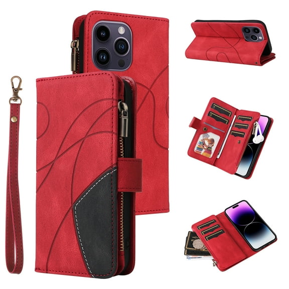 Multifunctional Case for iPhone 14 Pro Max,[RFID Blocking] 9 Credit Cards Holder with Wrist Strap, Premium PU Leather Zipper Wallet Purse Magnetic Flip Phone Cover For iPhone 14 Pro Max, Red