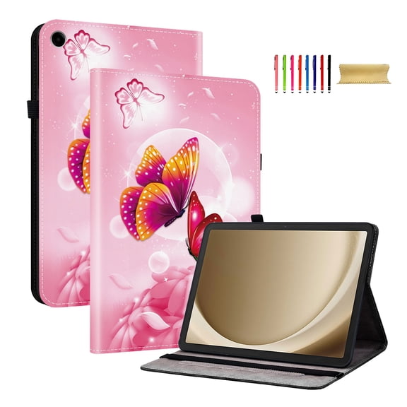 Allytechgroup for Galaxy Tab A9 8.7" SM-X110 X115, Stylish Pattern Cards Slots Stand Protective Shockproof Case with Elastic Band for Samsung Galaxy Tab A9 8.7" 2023, Pink Flower
