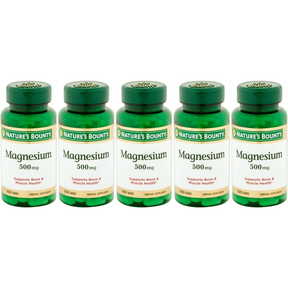 5 Pack - Nature's Bounty Magnesium 500 mg Tablets 100 Tablets Each