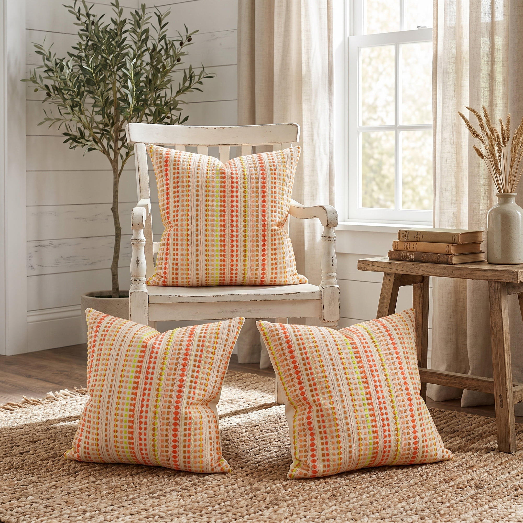 Unique Bargains Chenille Geometric Throw Pillow Covers 2 Pc Striped Cases Yellow 20"x20"
