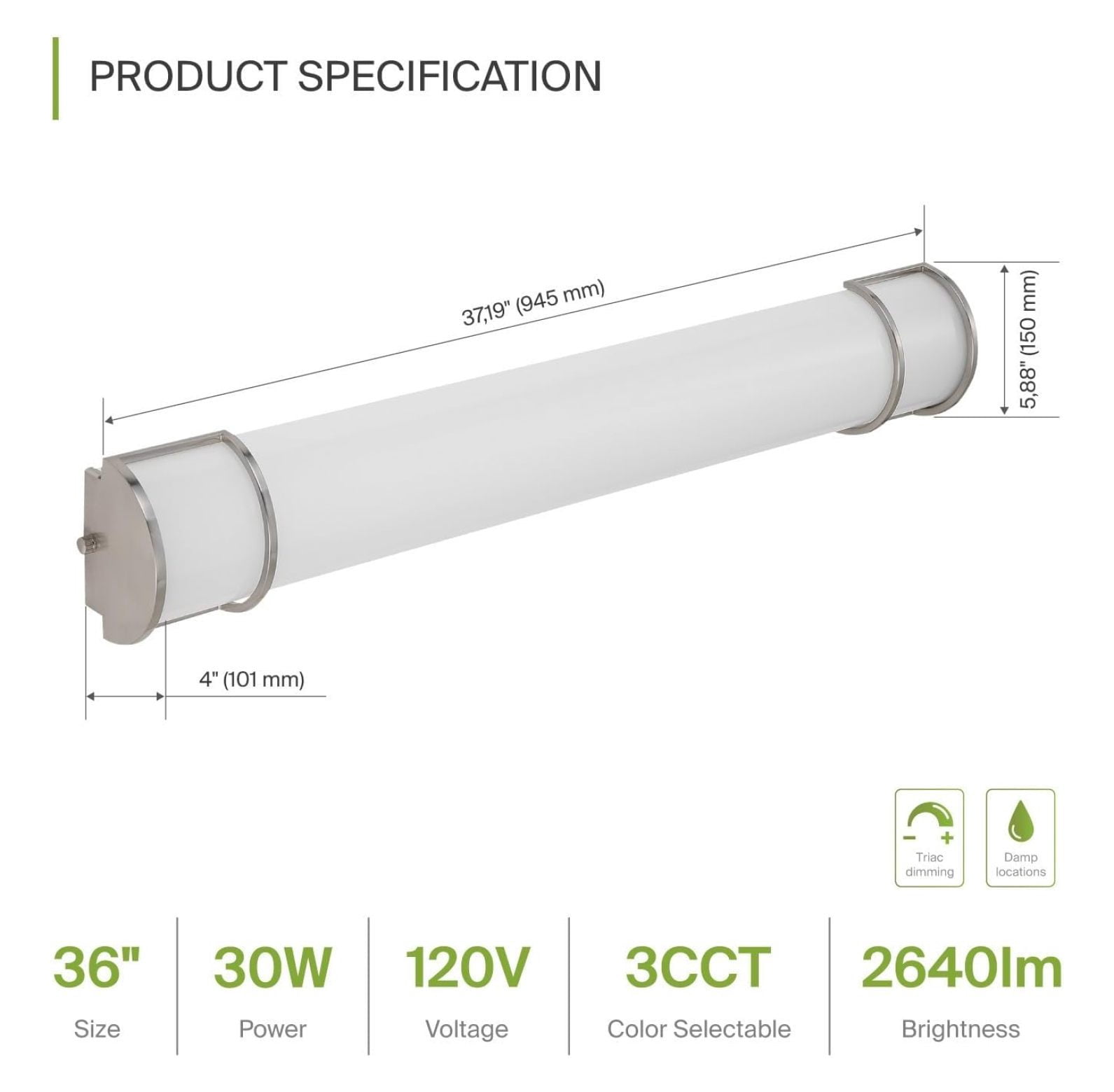 LED 36" Vanity Flush Mount Light Fixture, Bathroom Lighting Bar | 3CCT, Dimmable, , ETL Listed | 30W 2650LM 3000-5000K 120V | Long Tube Bath Wall Sconce Over Mirror |