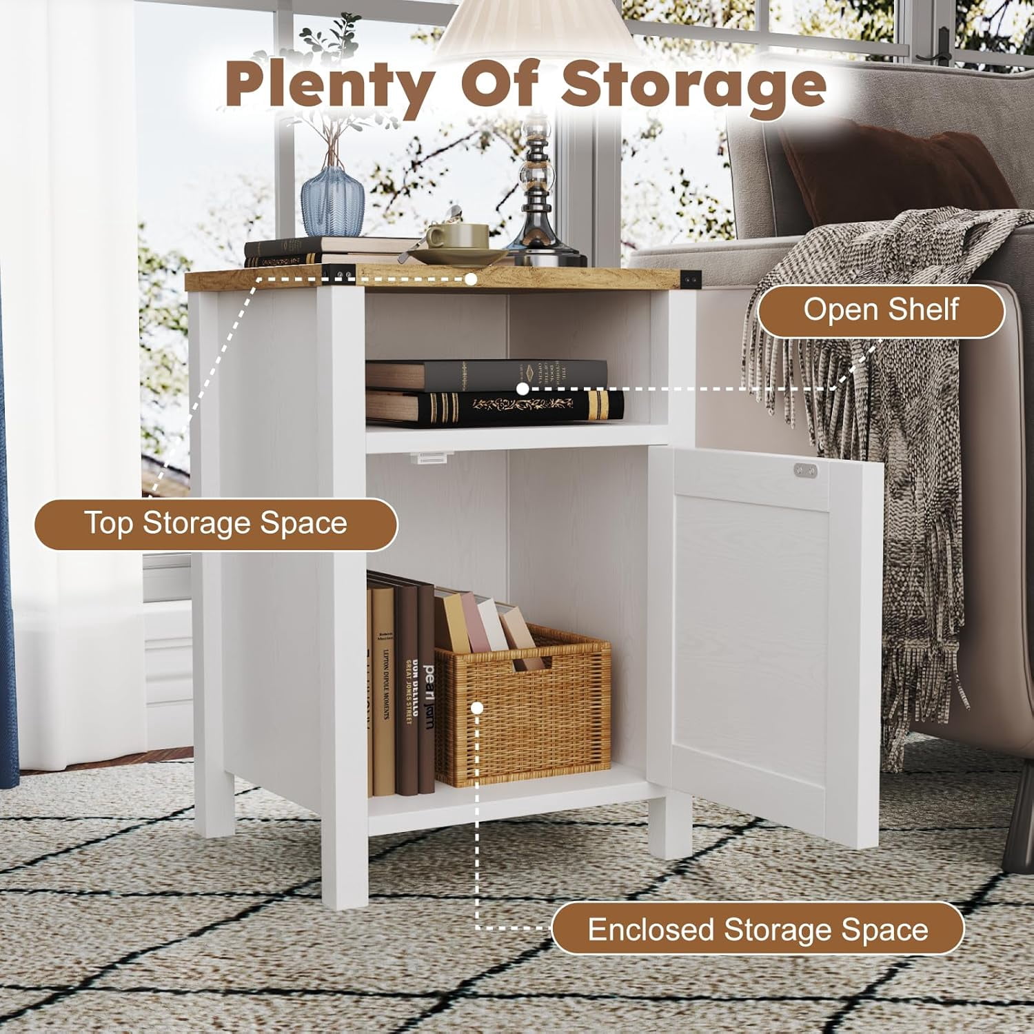 EVOKEDEN Farmhouse Nightstands Set of 2, Rustic Vintage Side End Table w/ Storage & Barn Door for Bedroom Living Room, White