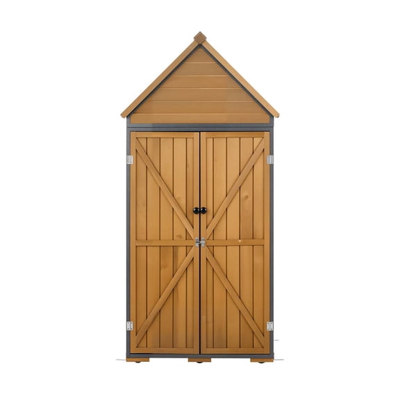 KFFKFF Outdoor Storage Shed, 44.09" x 66.93" Wooden & Metal Garden Tool Shed with Lockable Doors & Sloped Roof, Weather-Resistant Storage Cabinet with Shelves & Floor for Backyard, Patio, Brown