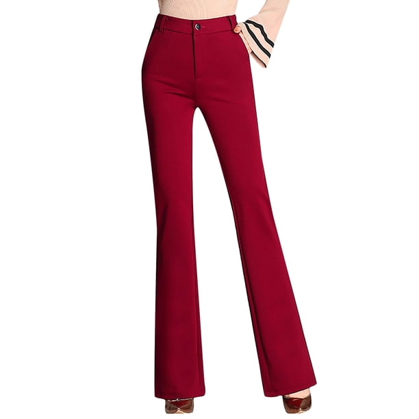 Pantalones rectos de cintura alta para mujer - Poliéster, cintura elástica, bolsillos - Pantalones informales para todas las estaciones