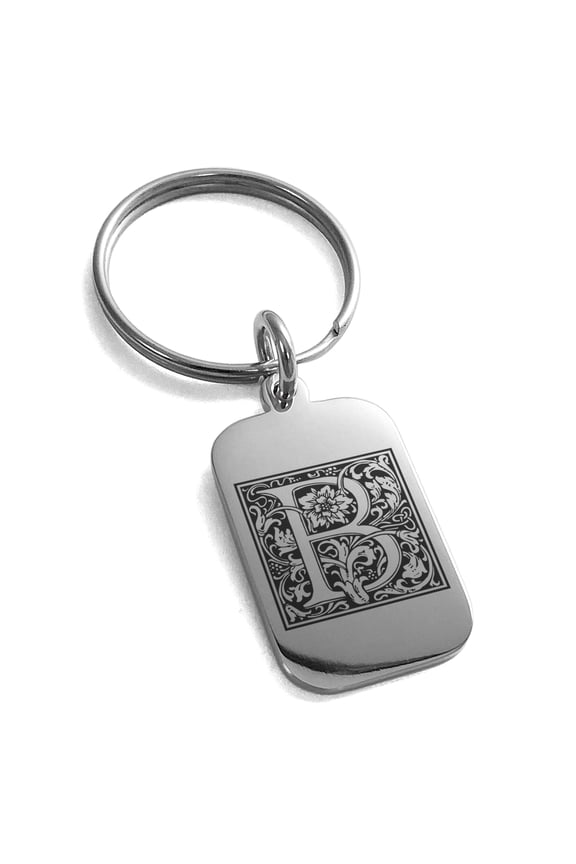 Stainless Steel Letter B Initial Floral Box Monogram Engraved Small Rectangle Dog Tag Charm Keychain Keyring