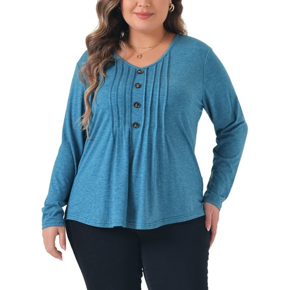 Agnes Orinda Women's Plus Size Tops Long Sleeve Pleated Front Casual V Neck Shirts Blouses 1X Gray Blue