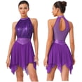 thumbnail image 2 of iiniim Women's Color Block Lyrical Dance Dress Sleeveless Ruched Figure Skating Modern Dancewear Purple L, 2 of 7