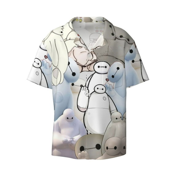 Big Hero 6 Baymax Men's Hawaiian Shirt Cuban Guayabera Collar Short Sleeve Casual Button Down Shirts Tropical Holiday Beach Shirts Small