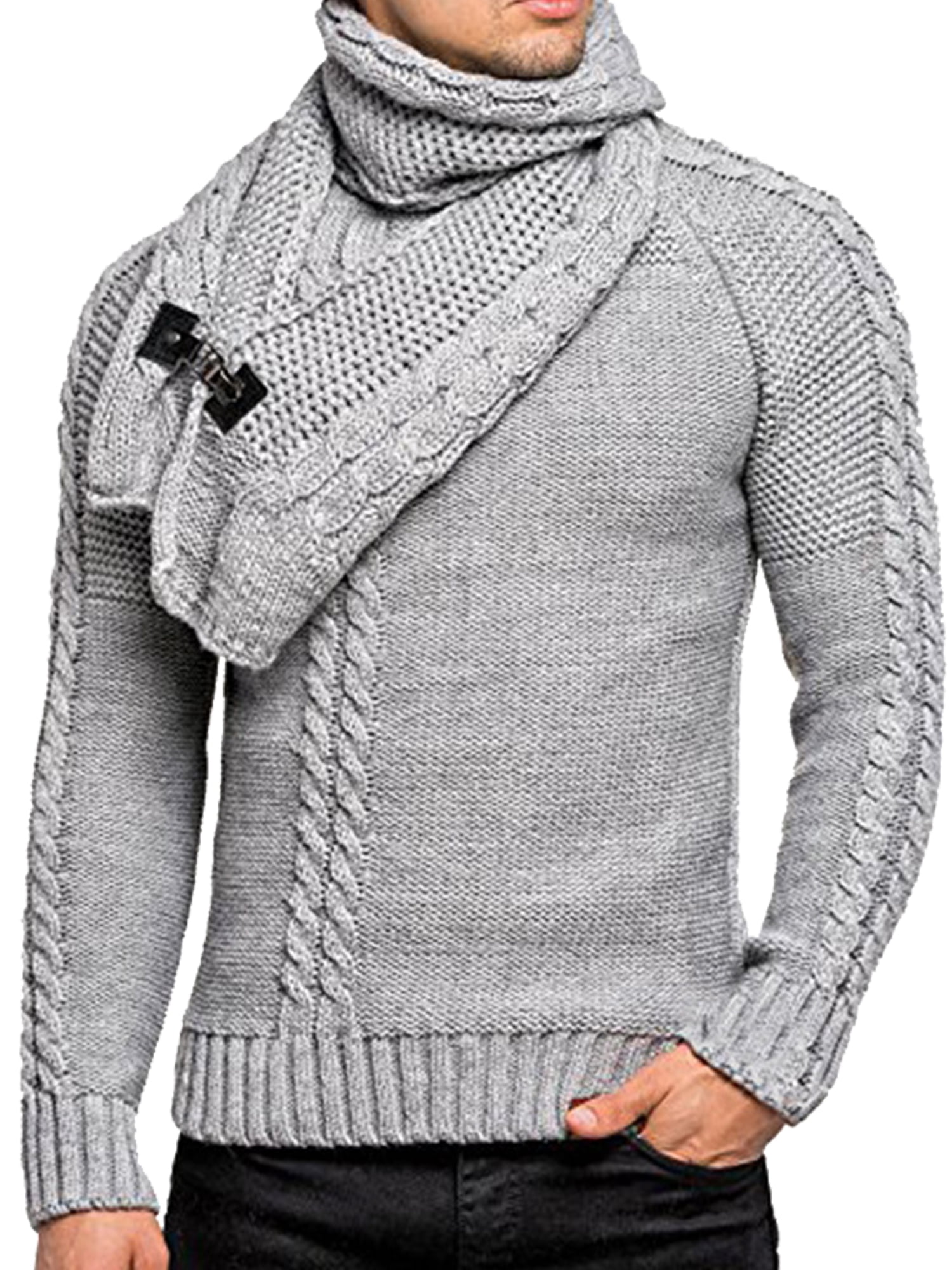 Men Scarf Collar Sweater for Men Winter Warm Casual Slim Fit Long ...