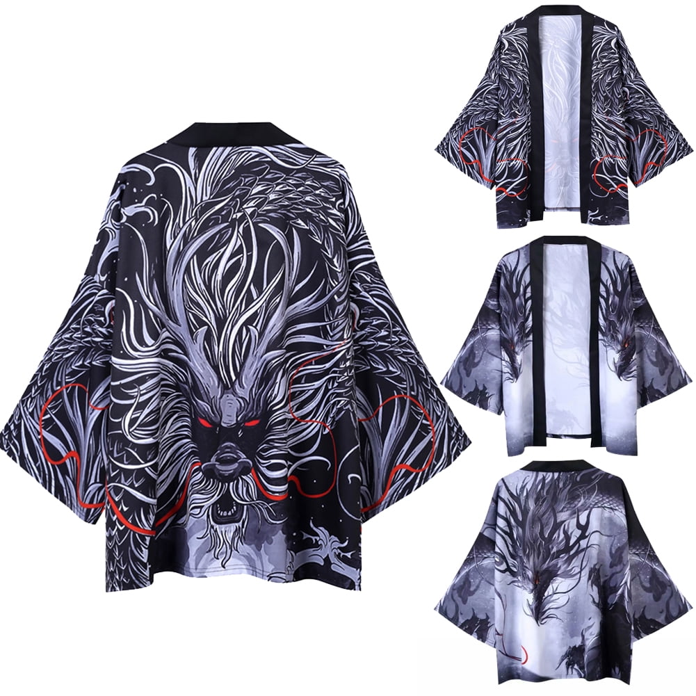 Volkmi Men s and women s same style cardigan summer Ukiyo e Chinese dragon print robe loose print Hanfu three quarter sleeve kimono thin coat red bearded dragon XXL Walmart