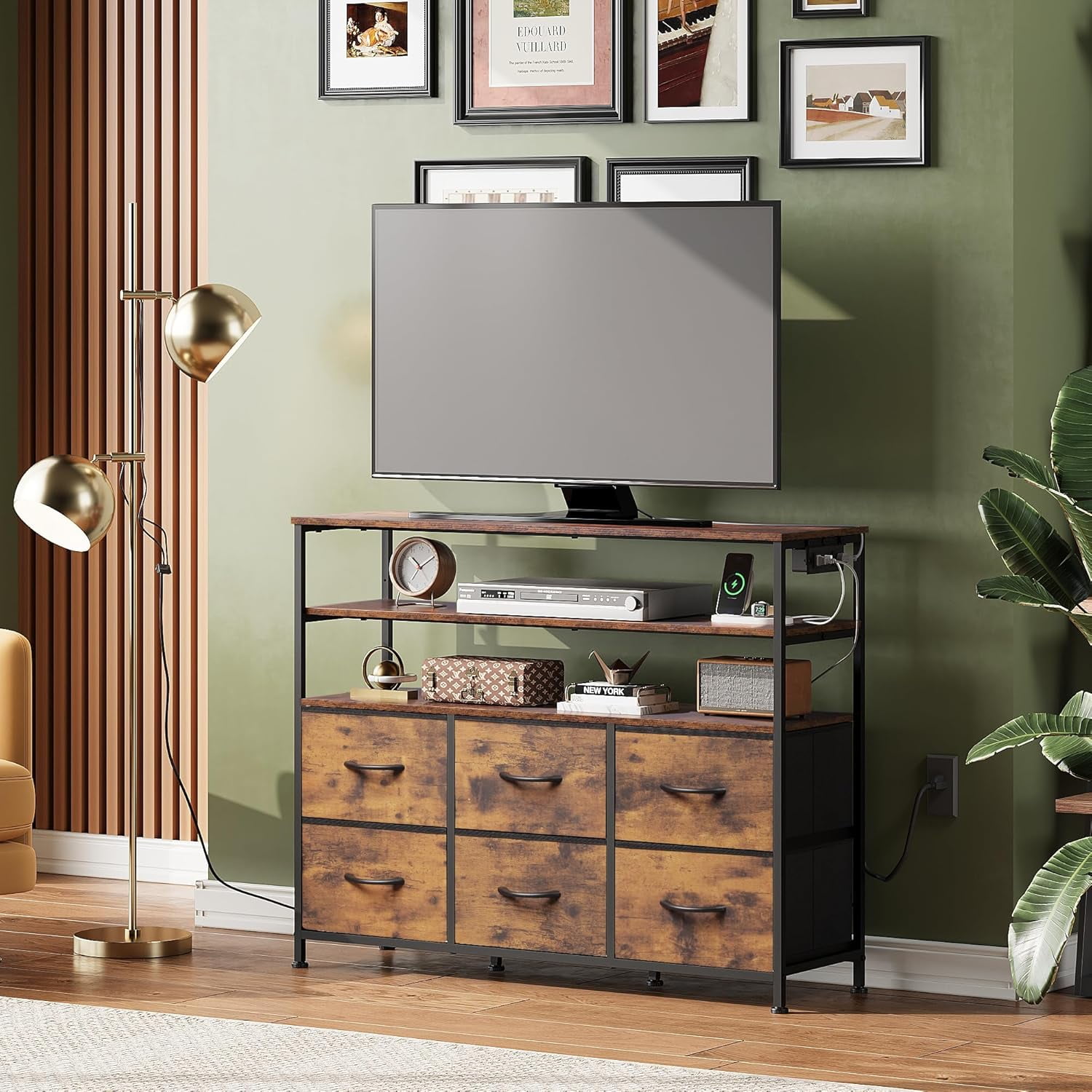 MCQ 39-inch TV Stand for up to 45 inch TVs, Entertainment Center with RGB LED Lights & Charging Station, Media Console with 6 Fabric Drawers, Black