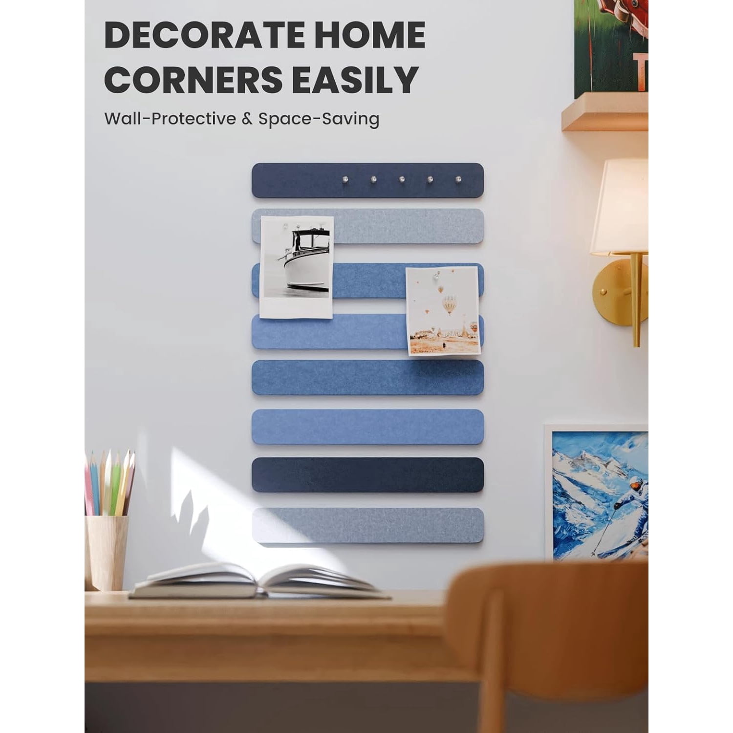 Cork Board Alternative Felt Strip Board 8-Pack 13"x2", Office Pin Board with 50 Push Pins, Adhesive Install for Bedroom Door & Home Office(Denim Mist)