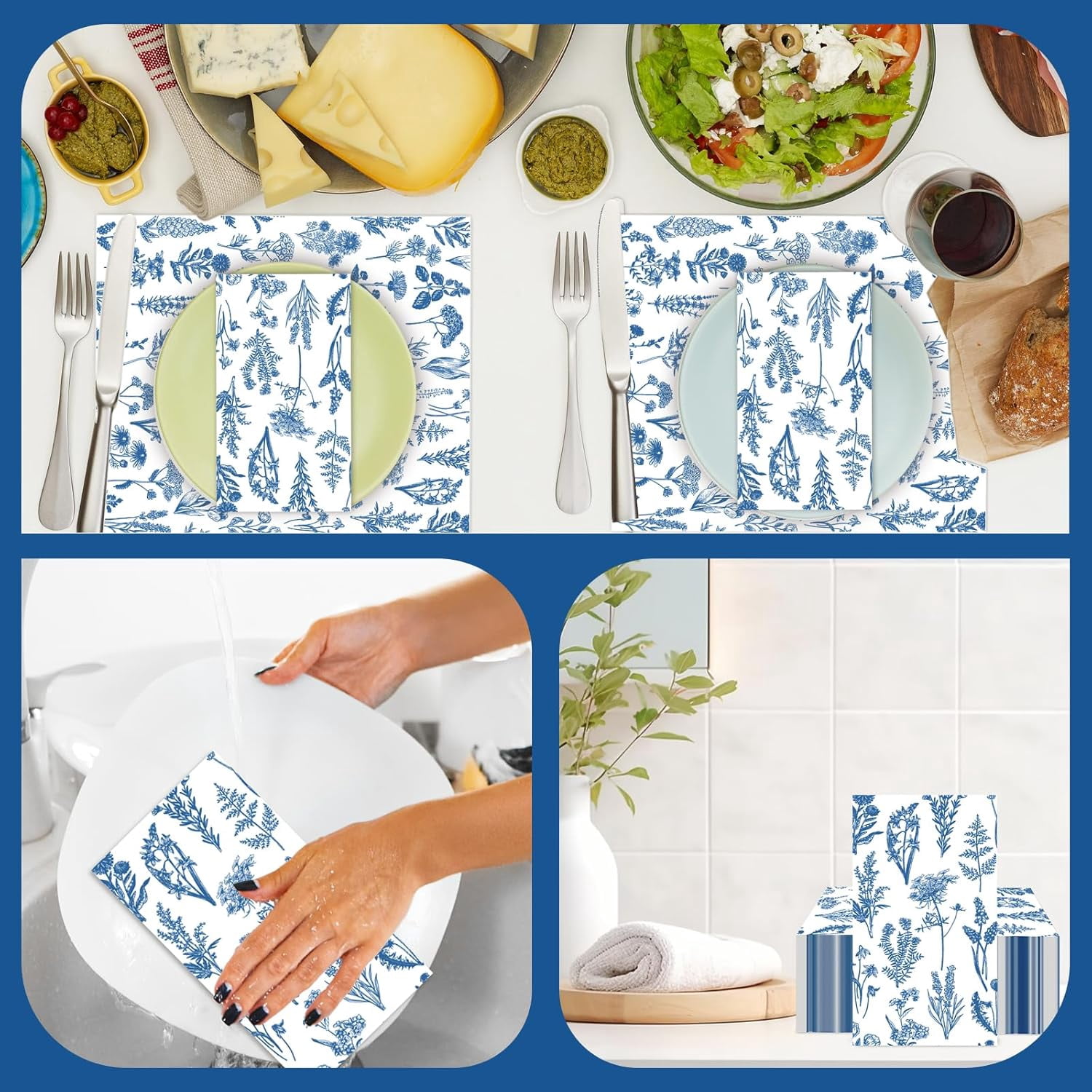 100PCS Blue Floral Napkins Disposable,Blue Chinoiserie Florals 3-Ply Paper Napkins Decorative Flower Guest Hand Towels for Bathroom Home Wedding Bridal Shower Birthday Party Napkins