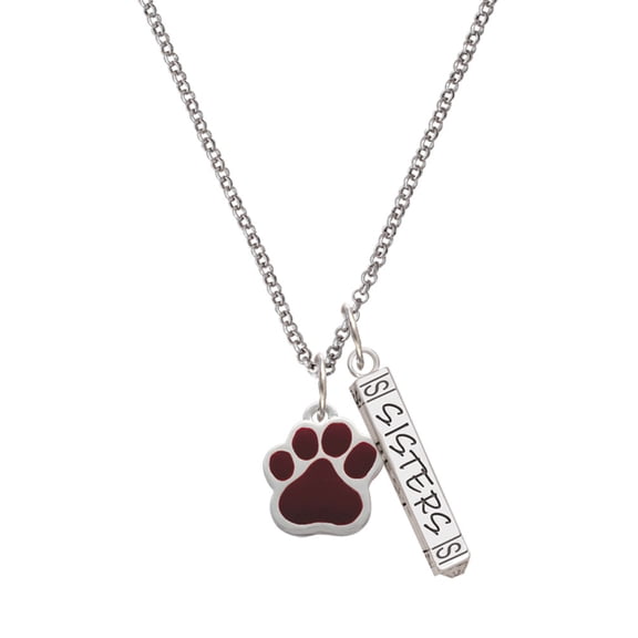 Delight Jewelry Silvertone Large Maroon Paw Silvertone Sisters Best Friends Forever Bar Charm Necklace, 23"