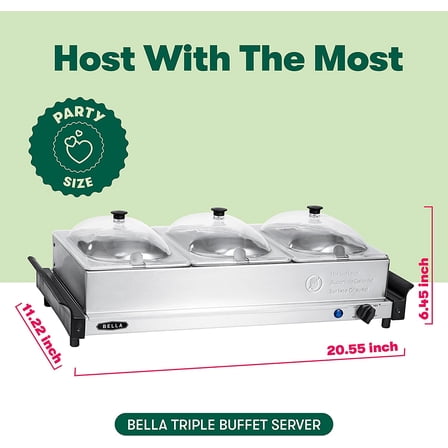 4.5 Quart Triple Electric Buffet Server, Food Warming Tray & Slow Cooker - Brushed Stainless Steel Heated Serving Station for Parties & Catering