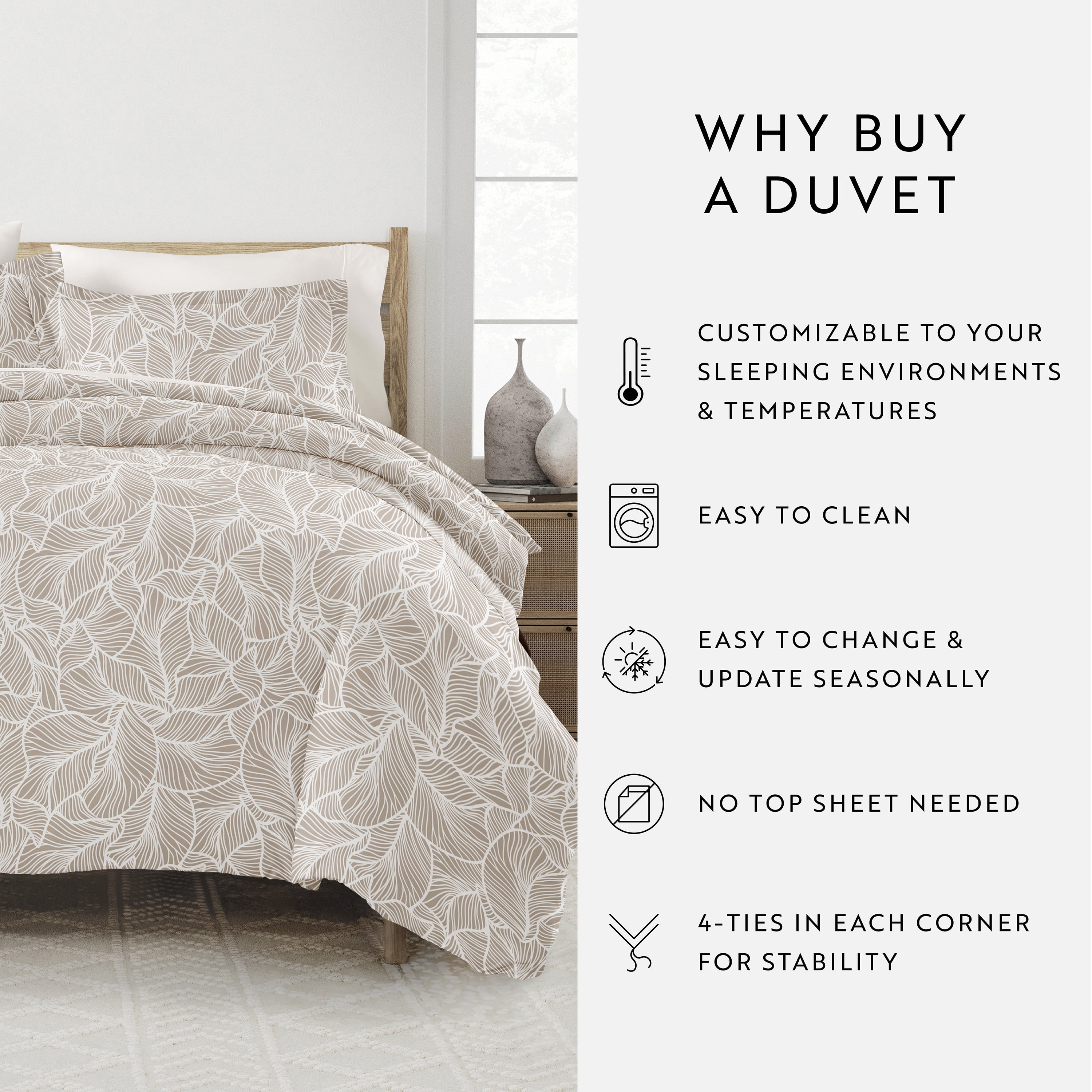 Noble Linens Linear Leaves Taupe 3-Piece Patterened Duvet Cover Set, King