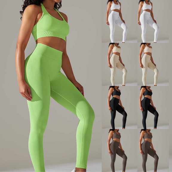 WWV Women's Gym Sets Workout Outfit Sleeveless Shirts Sets Stretchy High Waist Leggings Suit Solid Fashion Slim Tracksuit Bodyfitting Fitness Sportswear Beige L