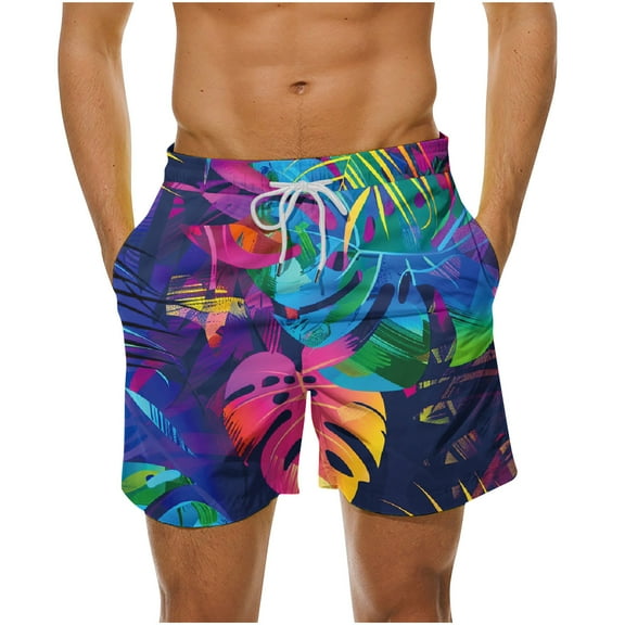 LYEAA Swim Trunks Men Elastic Waist Summer Beach Big Men's Shorts Hawaiian Colorful Leaf Print Drawstring Surfing Board Shorts Casual Sports Trendy Comfort Swimwear Bathing Suit with Pockets L