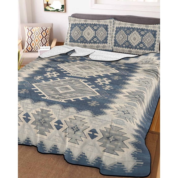 Blue Gray Southwest Full Size Down Alternative Comforter, Lightweight Comforter Quilt Bedding Set with Pillow Shams Modern Geometric Ethnic All Seasons Bed Comforter Duvet Insert 78"x90"