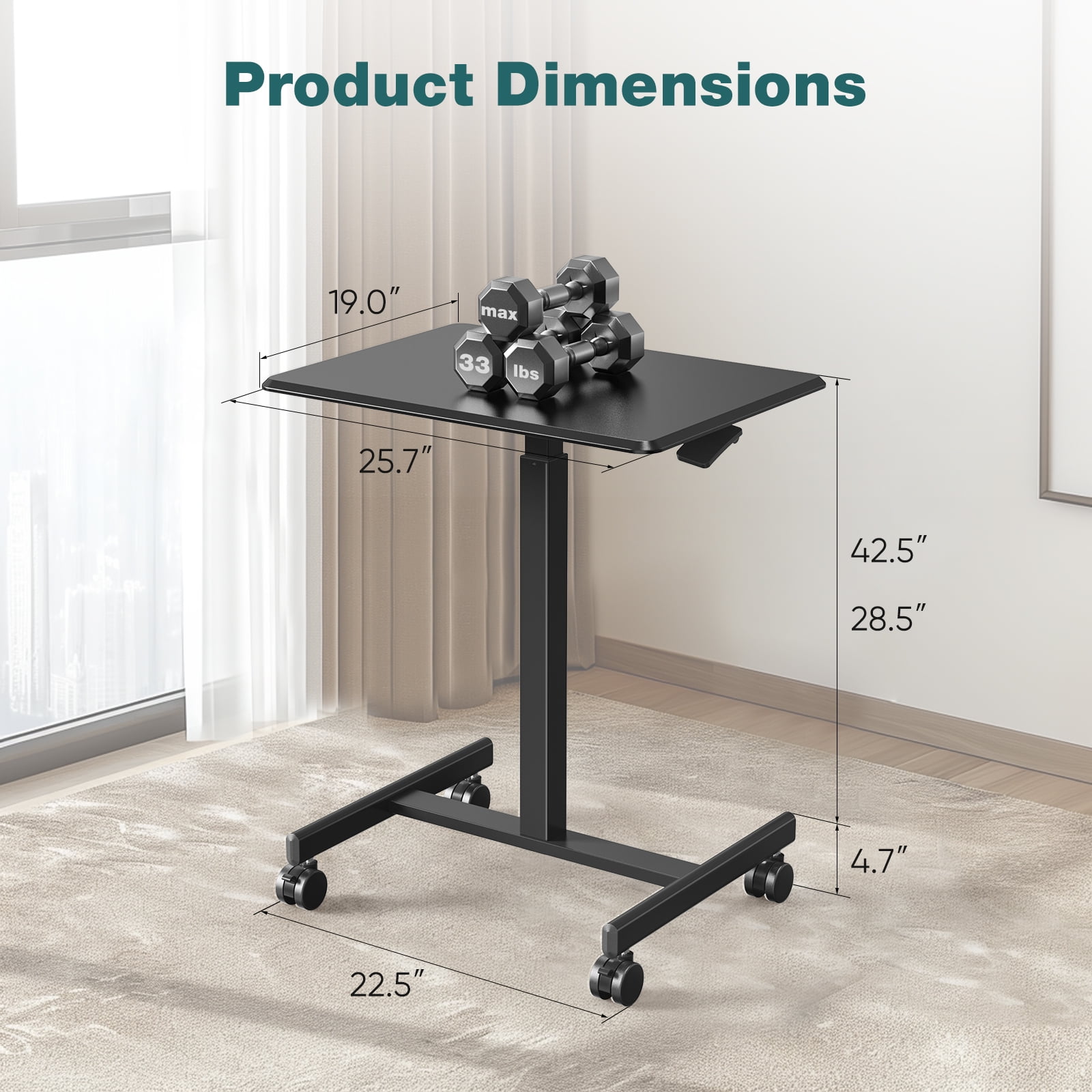 JOINSUN Laptop Stand with Rollable Wheels, Height Adjustable for Study, Office and Classroom, Black