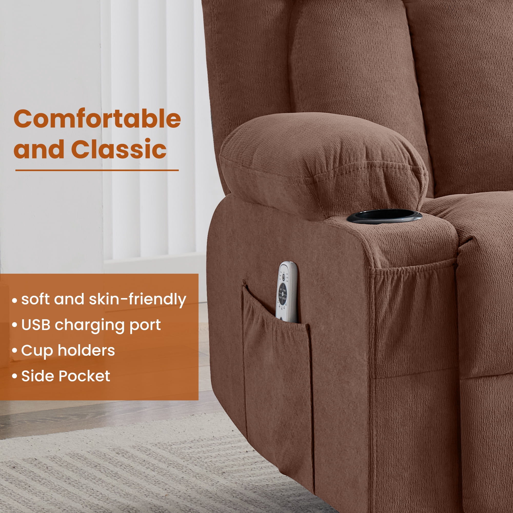 360° Swivel Rocker Manual Recliner Chair with Heat, Massage, USB Charge Port, cup holders