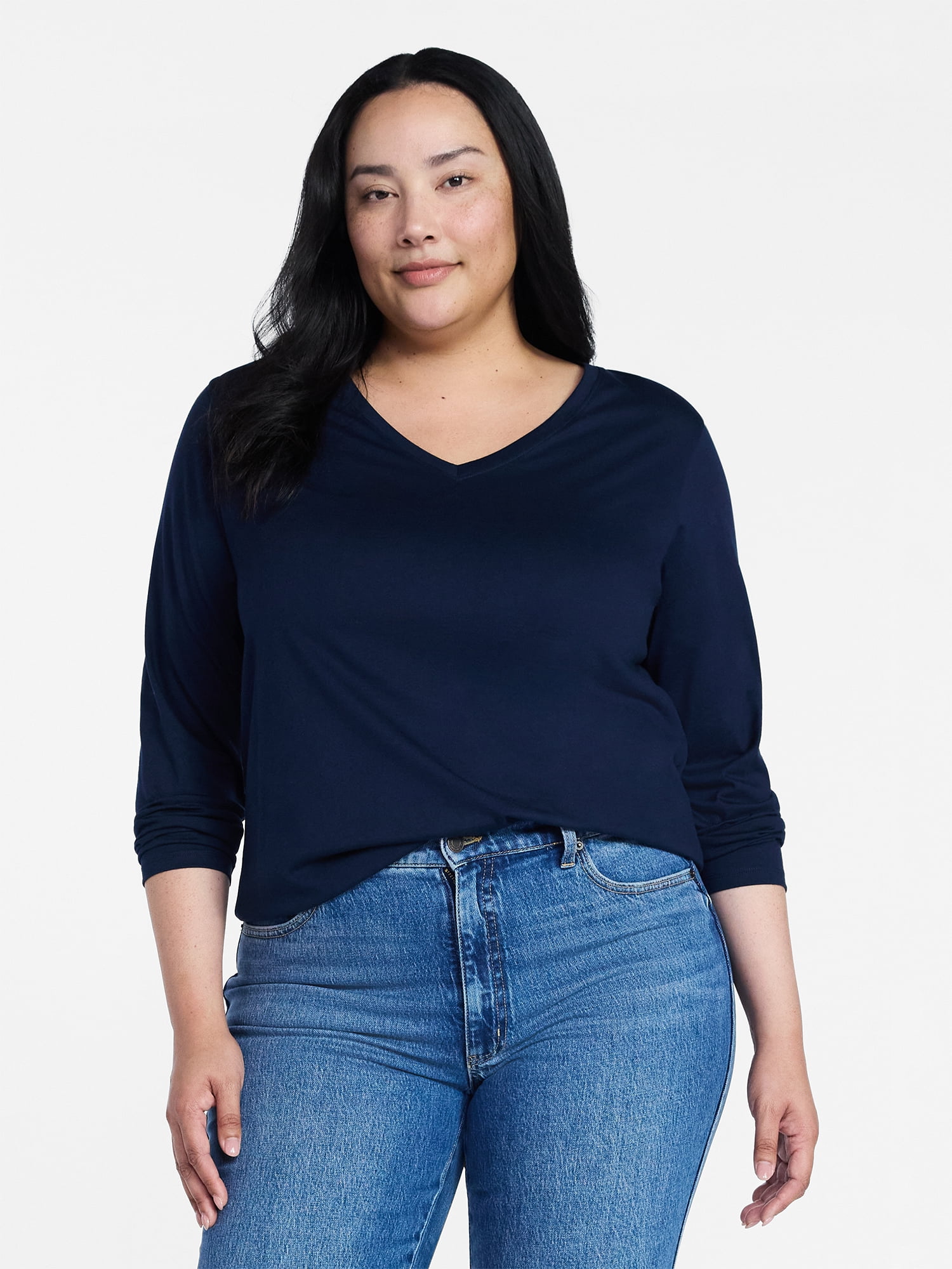 Time and Tru Women's Cotton V-Neck Tee with Long Sleeves, Sizes XS-XXXL