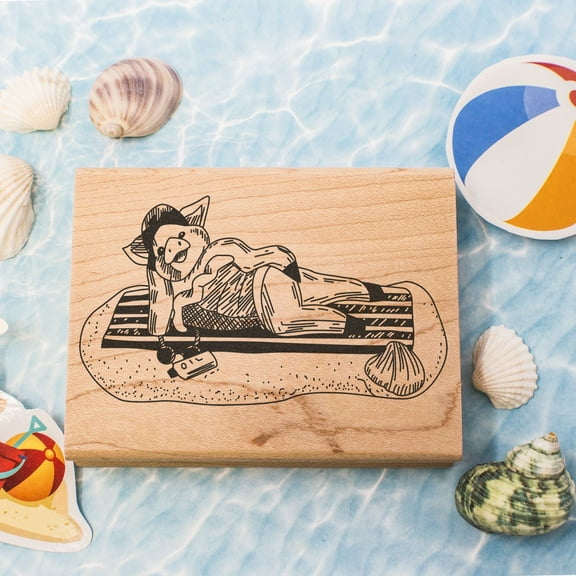 Pig on Beach Blanket Art Rubber Stamp, Laser Engraved Craft Stamp on Wood Mounted Block, Size 1-3/4” x 1-3/4”, Made in USA