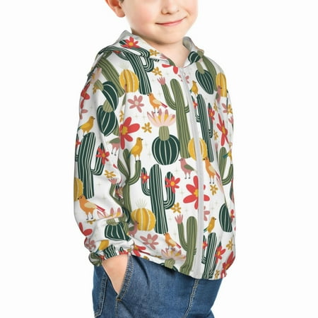 

Uemuo Summer Cactus With Blooming Pattern Rash Guard for Boys Girls Long Sleeve Swim Shirts UPF 50+ UV Sun Protection Hooded Fishing Shirt with Pocket for Kid-4 Years