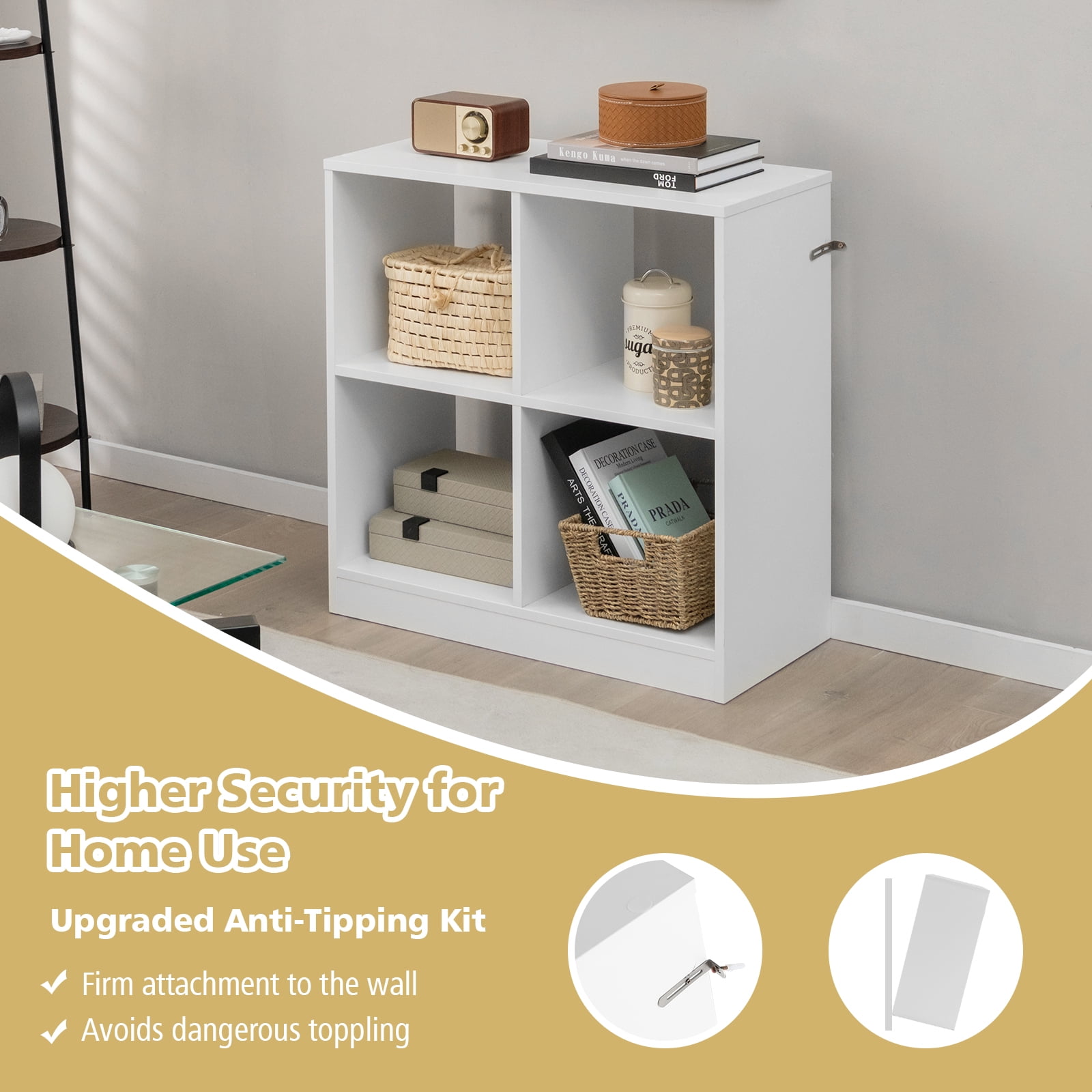 Topbuy 4-Cube Bookcase Floor Open Wooden Bookshelf with 2 Anti-Tipping Kits Modern Shelving Organizer Multipurpose Storage Cabinet White