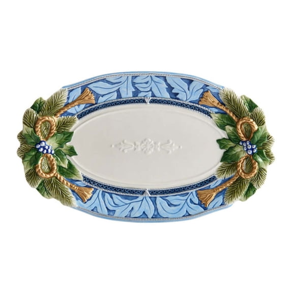 Fitz and Floyd Holiday Home Large Platter, Blue - Festive Serving Earthenware with Embossed Rim & Garland Detail - Christmas Buffet Platter, Decorative Party Tray for Entertaining (17" x 10.25")