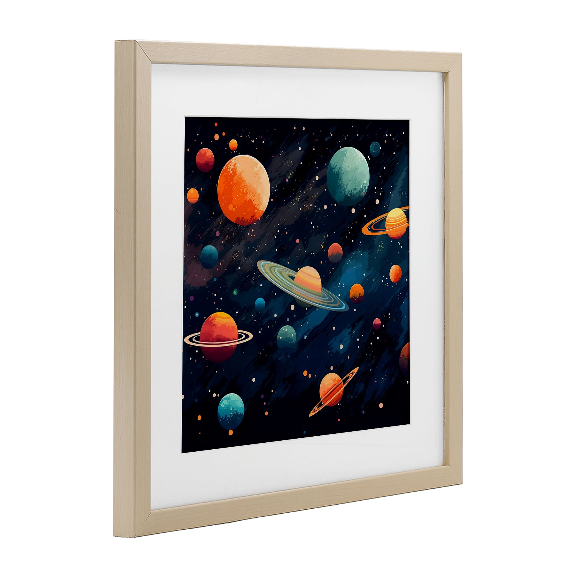 Stupell Industries Orange & Blue Planets in Orbit Birch Framed Print Under Glass, design by Creative Studio