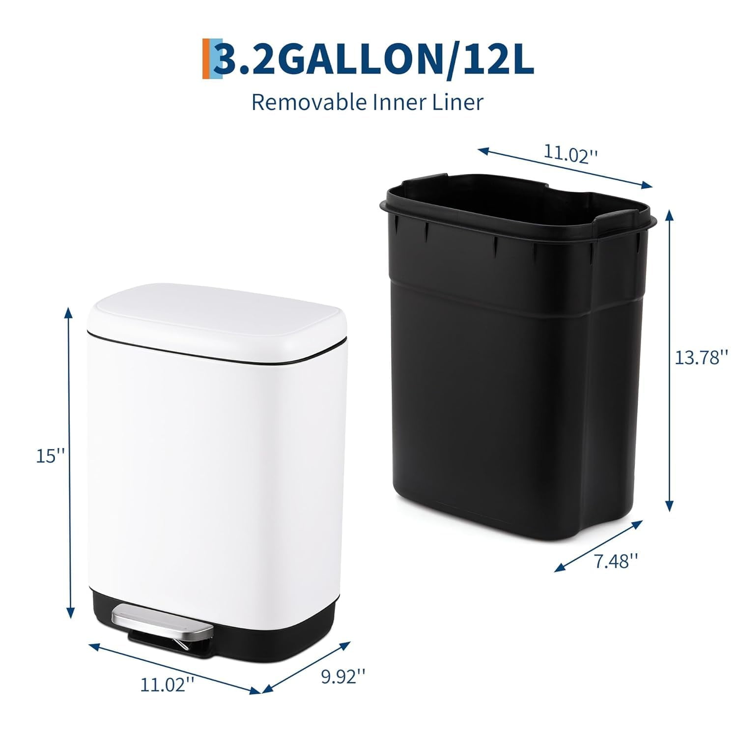 Bathroom Trash Bin with Lid, 3.2 Gallon Stainless Steel Kitchen Trash Can, With Automatic Lowering and Soft Closing, Recycling Bin for Kitchen, Bathroom or Office