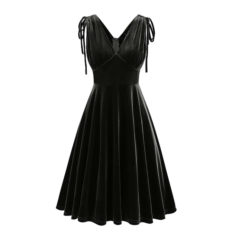Bigersell Vintage Cocktail Dresses Women Velvet Sleeveless Double Side V-Neck Retro Cocktail Party Mid-Length Dress Solid Color Wedding Guest Pleated
