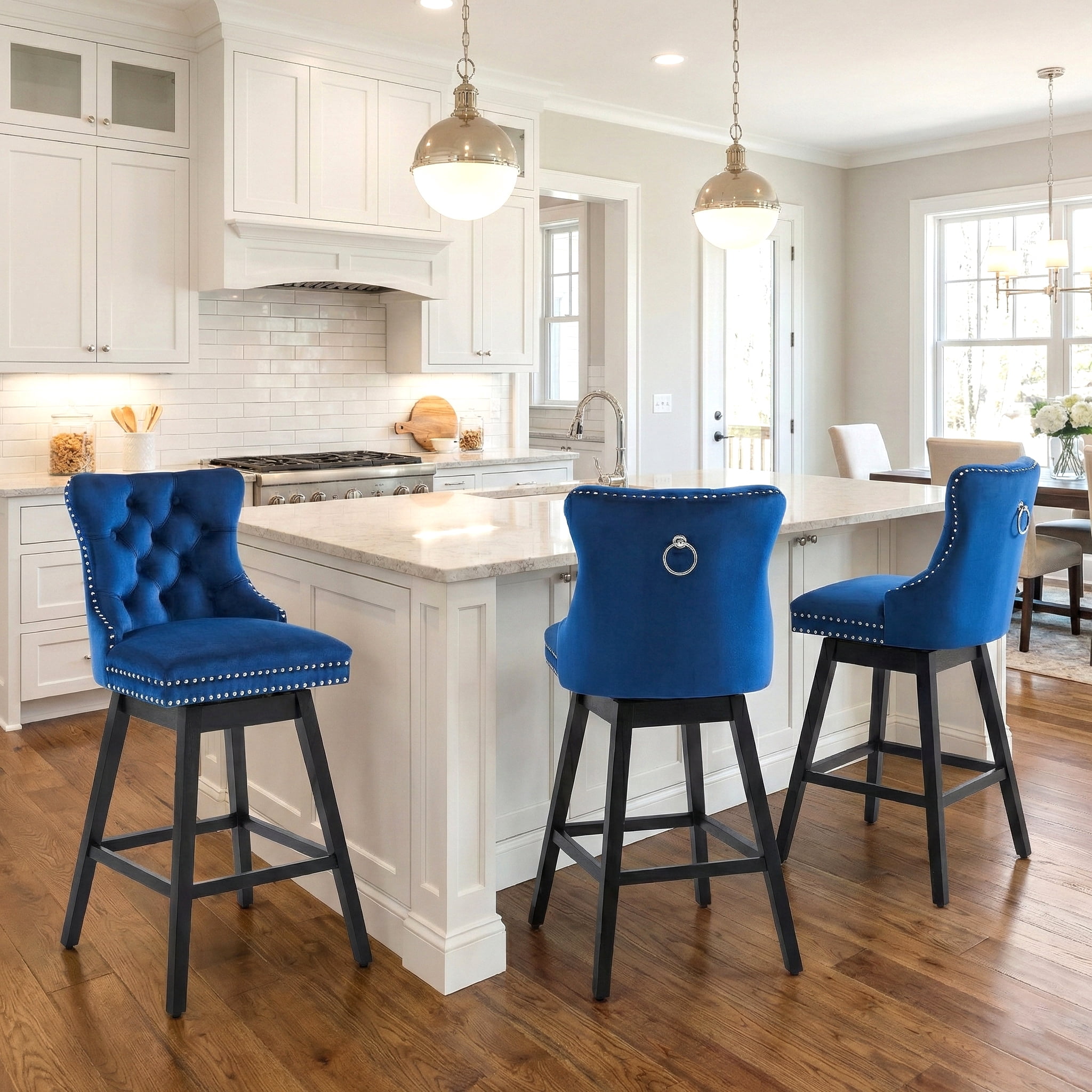 TEWLOSS 30" Swivel Bar Stools Set of 3, Blue Velvet Bar Height Chairs with Back for Home Pub