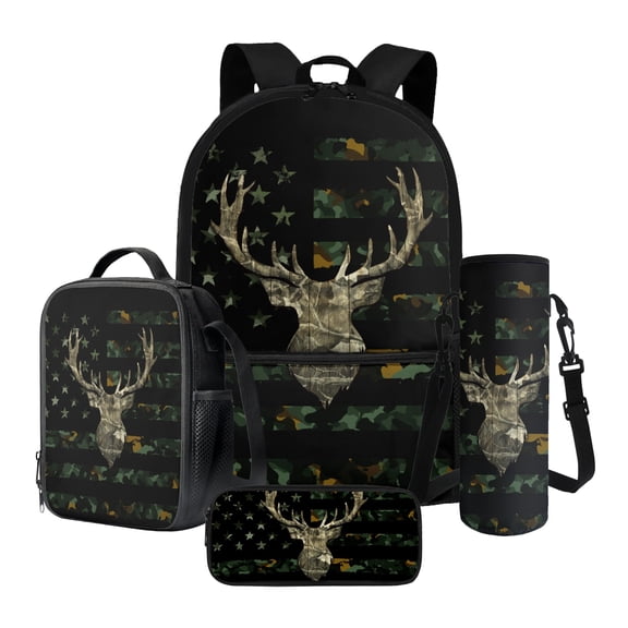 ZUXONGSY Camo Elk American Flag Print School Backpack Set for Boys Girls 4 Pack Lightweight Bookbag Travel Daypack with Lunch Bag Pencil Case and Water Bottle Holder for Kids Teens