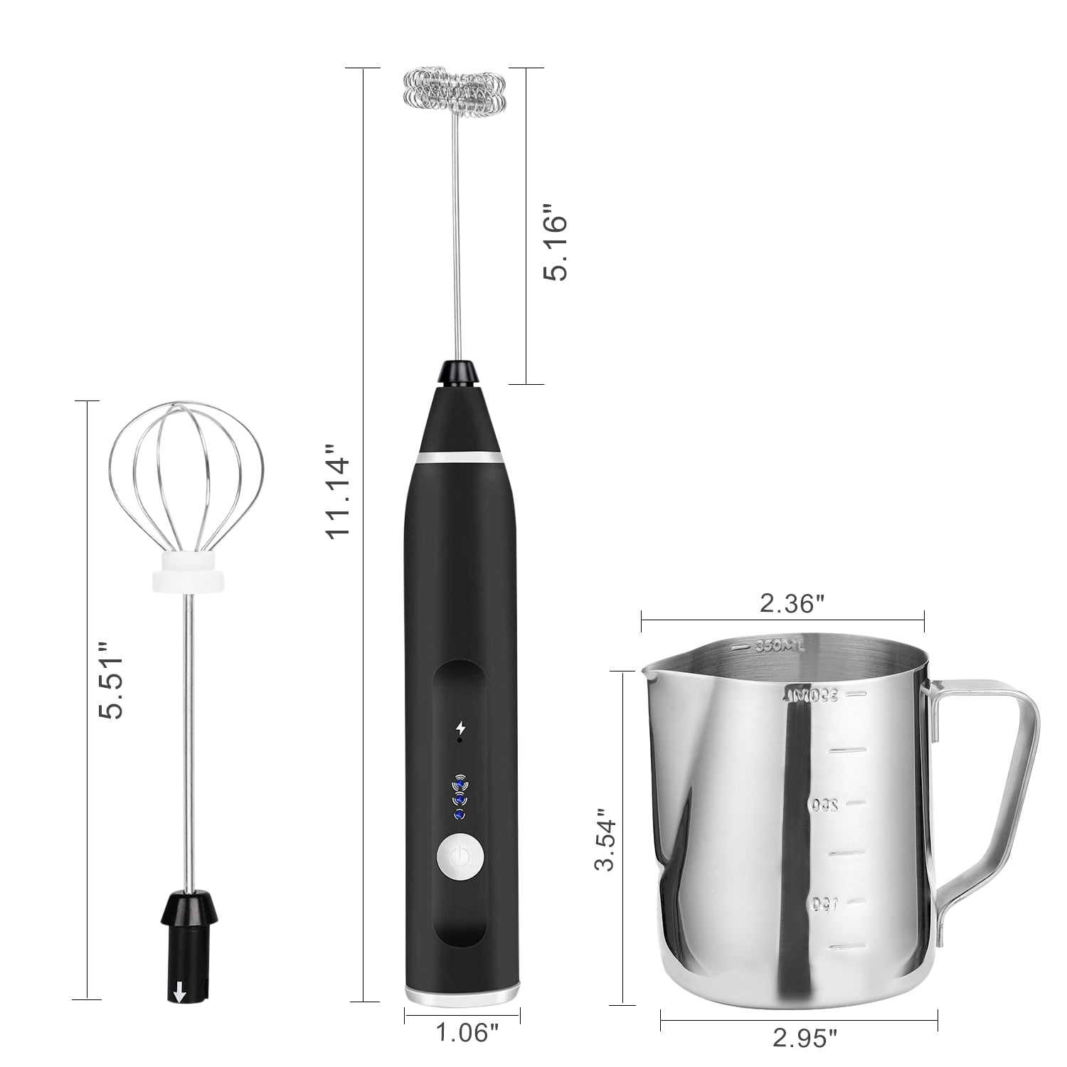 Fitnate Handheld Electric Milk Coffee Frother with Stainless Steel Whisk Black