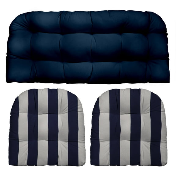 RSH Décor Indoor Outdoor 3 Piece Tufted Wicker Cushion Set, Standard, Cancun Blue + Cancun Blue & White Stripe