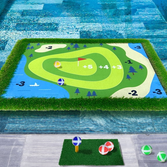 Floating Golf Green for Pool, 35"x 24" Golf Putting Green for Pool Set Includes Chipping Mat, 20 Balls, Rope, Hook, and Scorecard, Adult Fun Golf Games for Golfers