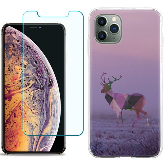 For Apple iPhone 11 Pro Case , Slim-Fit TPU Protective Phone Case with Tempered Glass Screen Protector, by OneToughShield ® - Deer/Polygon