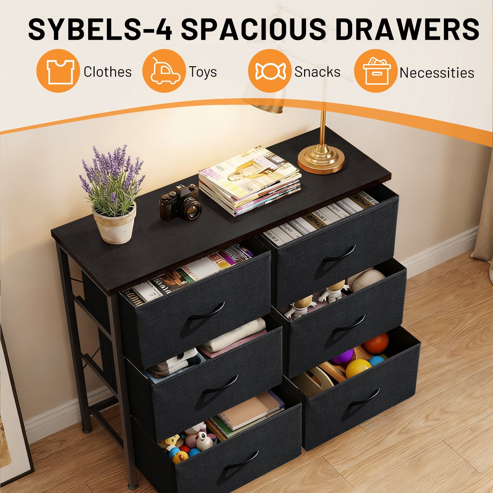 Sybels Storage Dresser with 6 Drawers, Anti-Tip Fabric Chests Organizer Tower Furniturefor Bedroom, Closet, Hallway, Entryway, Black