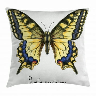 Swallowtail Butterfly Throw Pillow Cushion Cover, Common Yellow Papilio Machaon in Watercolors Fragile Beauty, Decorative Square Accent Pillow Case, 24 X 24 Inches, Yellow Blue Black, by Ambesonne