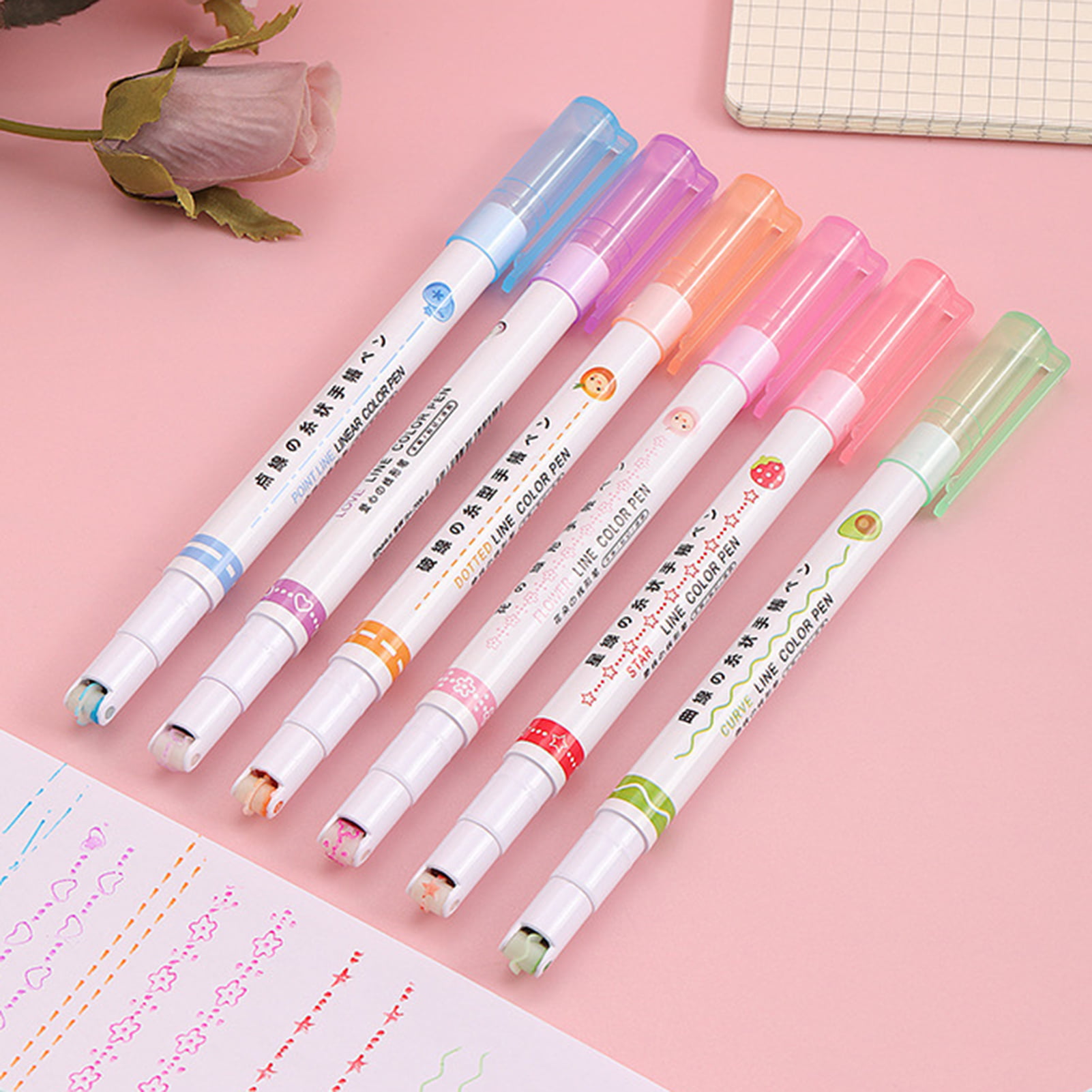 Butory Colored Curve Pens Dual Tip Markers with 6 Different Curve Shapes & 8 Colors Fine Lines for Teenage Kids Writing Journaling Drawing Scrapbook