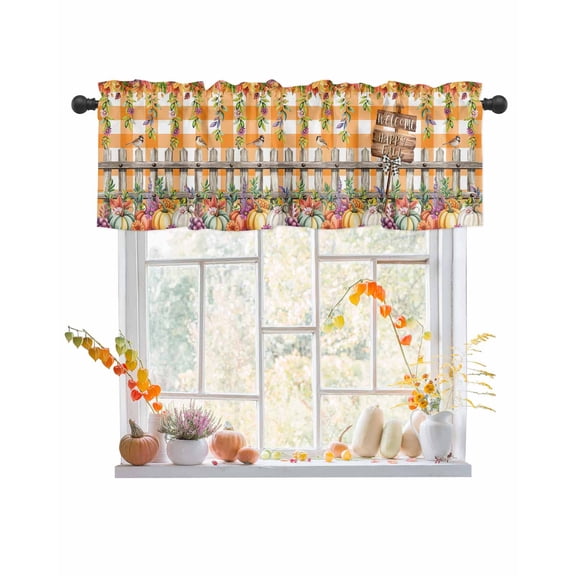 Valances for Windows, Welcome Happy Fall Orange Pumpkin Sparrow Fruit Plaid Rod Pocket Short Window Valance Curtains Holiday Window Treatment for Kitchen Living Room Bathroom, 54"x18"