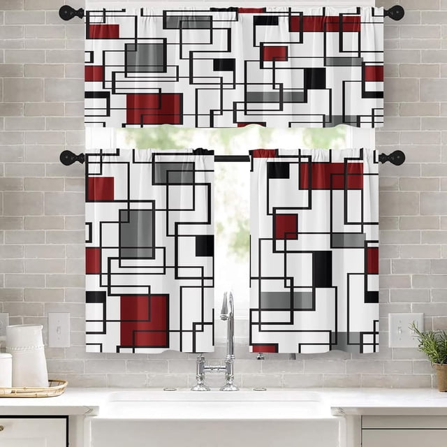 36 Inch Kitchen Curtains Red and Black Geometric Abstract Art Window Curtains and Valances Set of 3, Black Line White Short Tier Curtain for Kitchen,Vintage Small Kitchen Decor