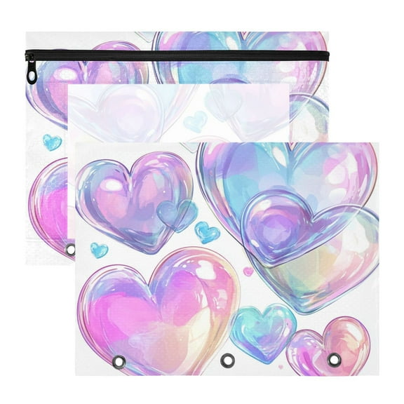 Dreamy Color Transparent Hearts 3-Ring Binder Pouches A4 Size Zipper Pocket File Storage 2 Packs