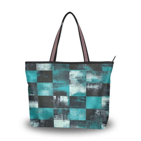 Women's Tote Handbag Cloth Handbag Large Tote Bag Shopping Bag Teal and Black Squares