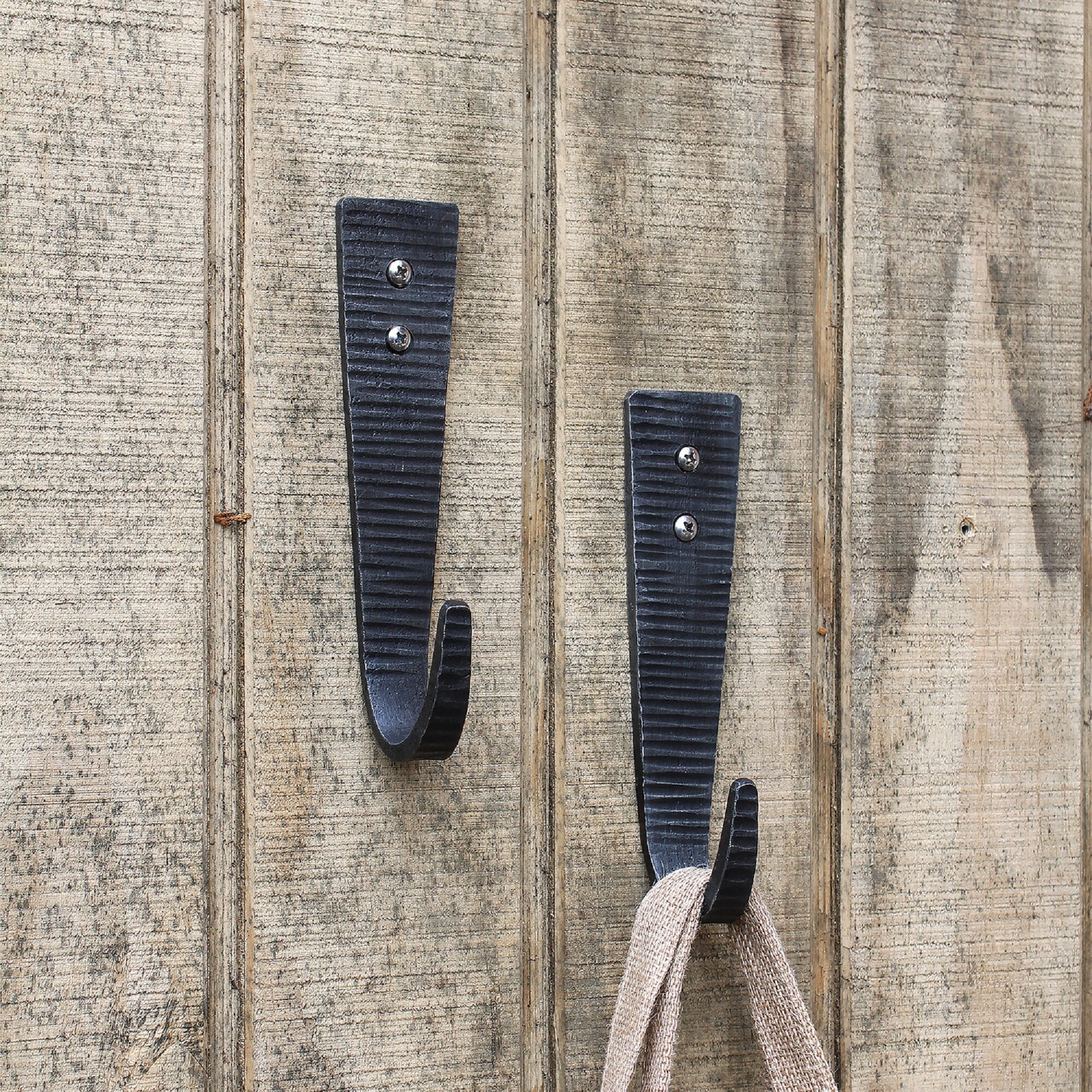 Achla Designs Set of 2 Hammered Strap Upturned Wall J-Hooks, 6.5 Inch Tall, Black Powder Coat Finish