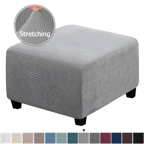 XIBUFE Square Ottoman Covers Ottoman Slipcovers Folding Storage Stool Furniture Protector Form Fit with Elastic Bottom,Stretch High Spandex Small Checks Jacquard Fabric Light Gray Xl 35"-44"